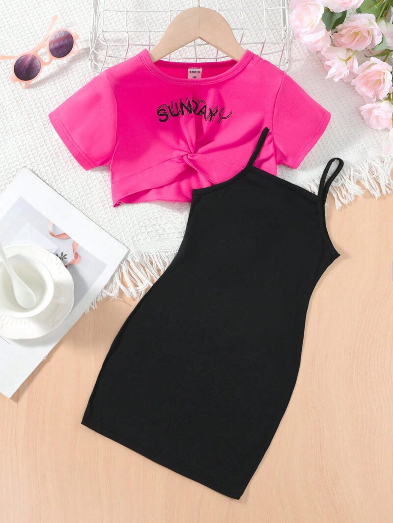 Young Girl Letter Graphic Knot Tee With Cami Dress - Image 4